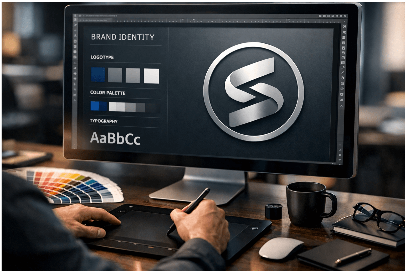 Creative designer developing a professional corporate identity and brand logo system.