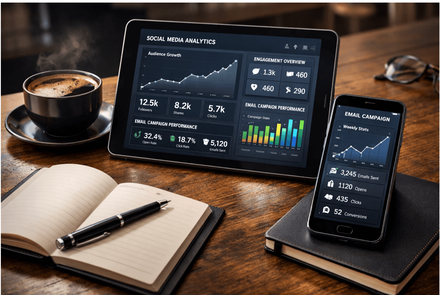 Digital marketing analytics and social media outreach strategy displayed on modern mobile devices.