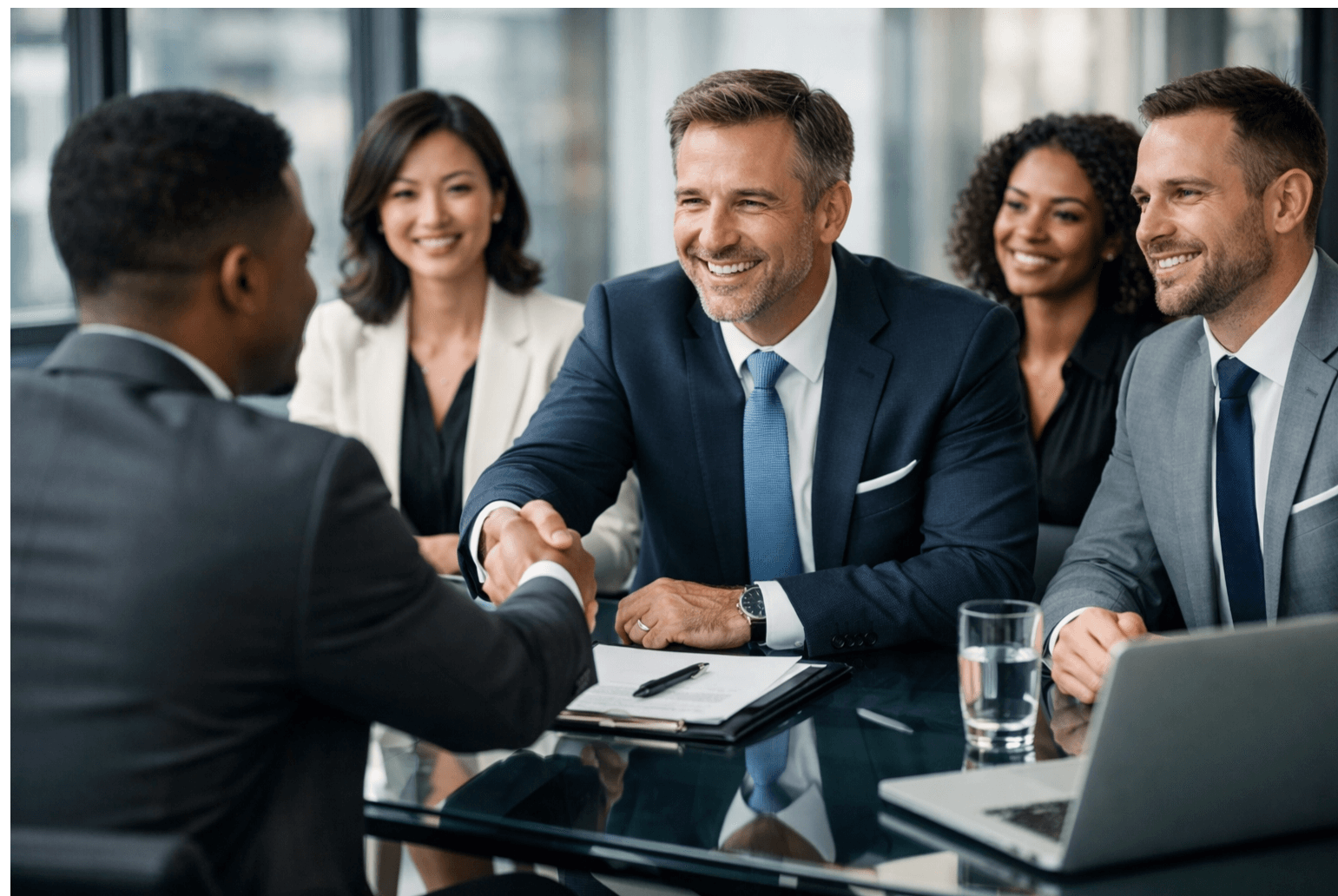 Successful talent acquisition meeting and professional handshake in a modern corporate setting.