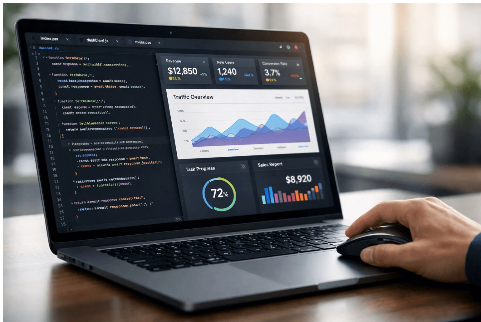 Professional web developer working on a custom e-commerce dashboard in a modern Lebanon office.